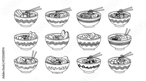 Diverse array of delicious asian noodle soup bowls presented in a grid layout silhouette