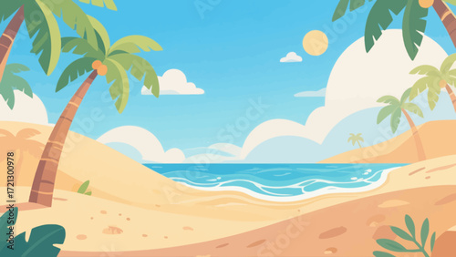 Summer beach background picture, hand-drawn vector illustration, game art scene