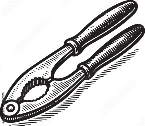 Lobster cracker vintage etching illustration of seafood tool in engraved black and white detail