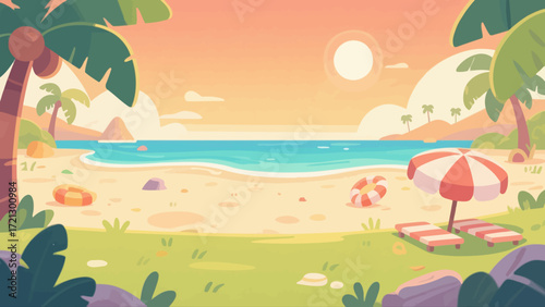 Summer beach background picture, hand-drawn vector illustration, game art scene