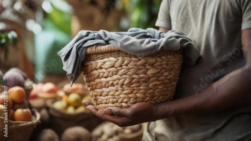 Close-up of a person holding a woven basket