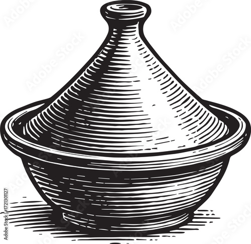 Vintage etching illustration of Moroccan tagine pot in black and white style