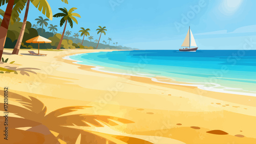 Summer beach background picture, hand-drawn vector illustration, game art scene