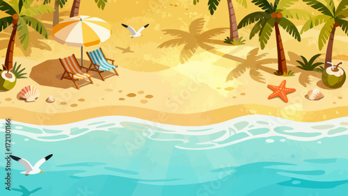 Summer beach background picture, hand-drawn vector illustration, game art scene