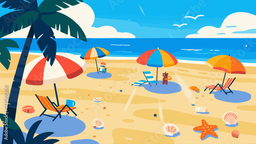 Summer beach background picture, hand-drawn vector illustration, game art scene