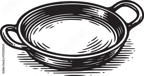 Etching illustration of a vintage cast iron griddle in detailed black and white style