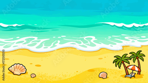 Summer beach background picture, hand-drawn vector illustration, game art scene