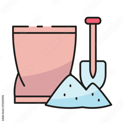 A pink bag next to a pile of light blue material and a shovel