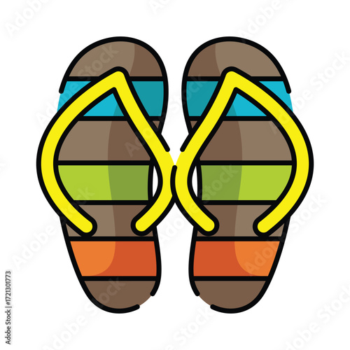 A pair of colorful striped flipflops with yellow straps