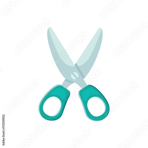 A pair of teal scissors with light blue blades on a white background