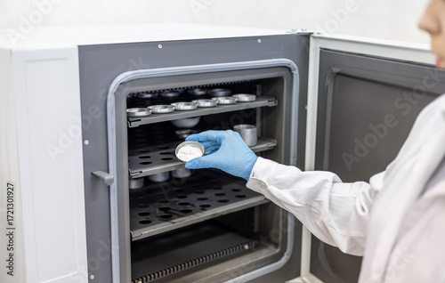 Wallpaper Mural A female laboratory assistant chemist places a container with the substance being studied into a drying cabinet which is used for drying, Torontodigital.ca