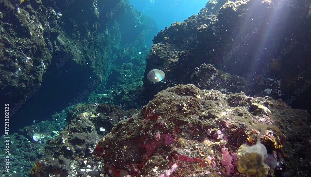 Fototapeta premium Underwater Rock Formation with Sun Rays and Swimming Fish