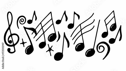 Illustration of musical notes and symbols in black and white with a treble clef and stars design