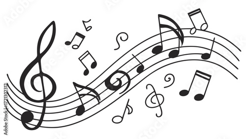 Illustration of musical notes and a treble clef arranged on a wavy staff in black and white style