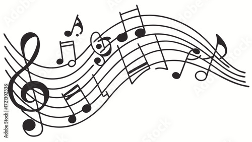 A musical score with a treble clef and various musical notes on a wavy staff is displayed here nicely