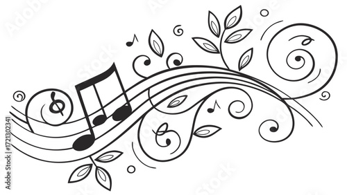Elegant musical score with notes, treble clef, floral swirls and leaves in a decorative arrangement