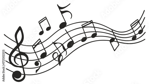 Illustration of a musical staff with a treble clef and various musical notes in black and white color