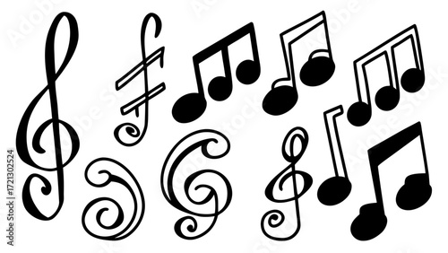 Illustration of various musical symbols including treble clef and quarter notes in black and white