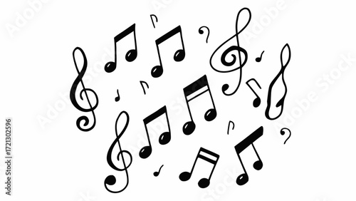 A collection of musical notes and treble clefs scattered across a white background in black ink style