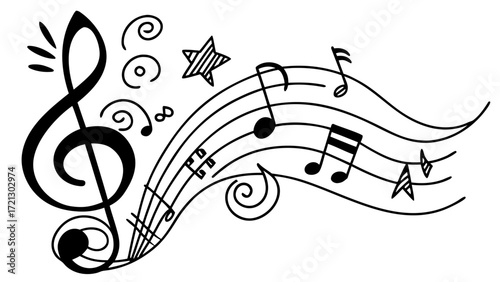Illustration of musical notes and symbols on a stave with a treble clef and star doodle art