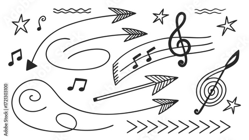 Hand drawn music notes, arrows and stars with swirls and lines in a doodle style on a white background