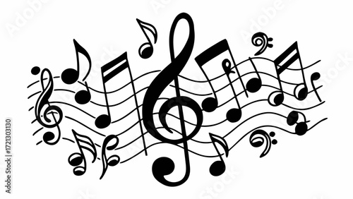 Illustration of musical notes and symbols on a staff with a treble clef and bass clef in black color