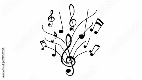 Illustration of a treble clef surrounded by various musical notes and swirling lines on a white background