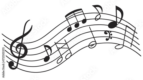 An illustration of musical notes and symbols arranged on curved staff lines in black and white style