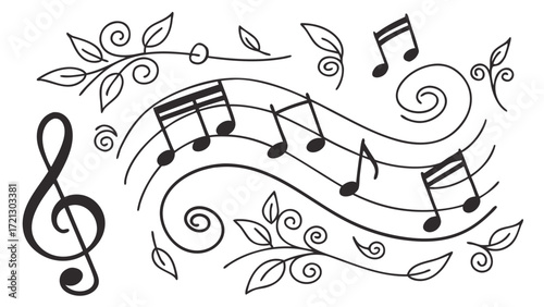 Musical notes and treble clef with floral accents on staff lines in monochrome illustration style