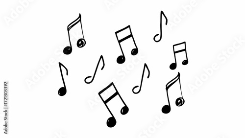 Musical notes scattered on a white background in a simple doodle style illustration for music and creativity