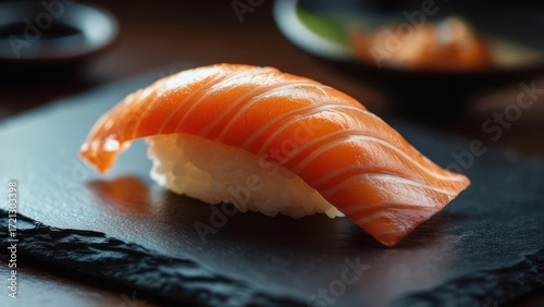Close-up of a salmon nigiri sushi piece on a dark stone plate
