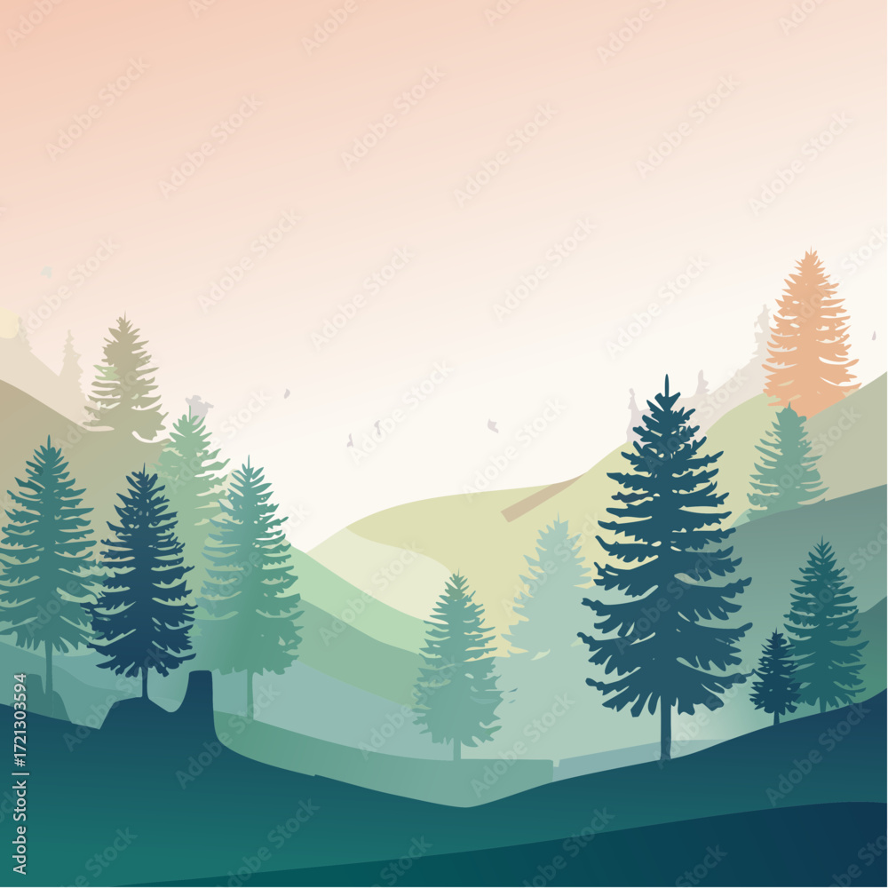Obraz premium Serene Forest Landscape with Evergreen Trees and Rolling Hills at Sunrise