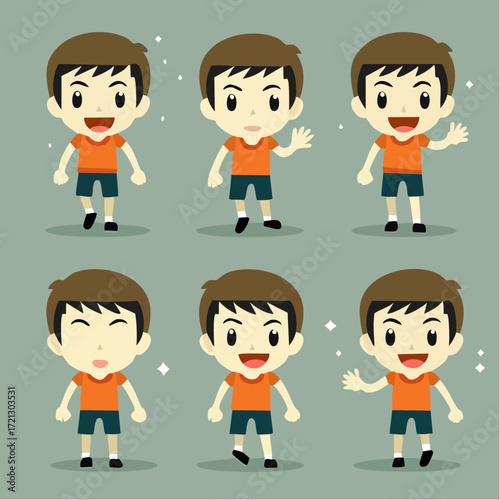Collection of expressive cartoon boy character poses, showcasing various emotions and playful actions, perfect for children's designs and animated projects