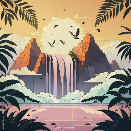 Majestic waterfall cascading down rocky cliffs amidst lush tropical foliage with a serene sunset reflecting on the tranquil waters below, creating a breathtaking natural spectacle