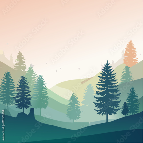Serene Forest Landscape with Evergreen Trees and Rolling Hills at Sunrise