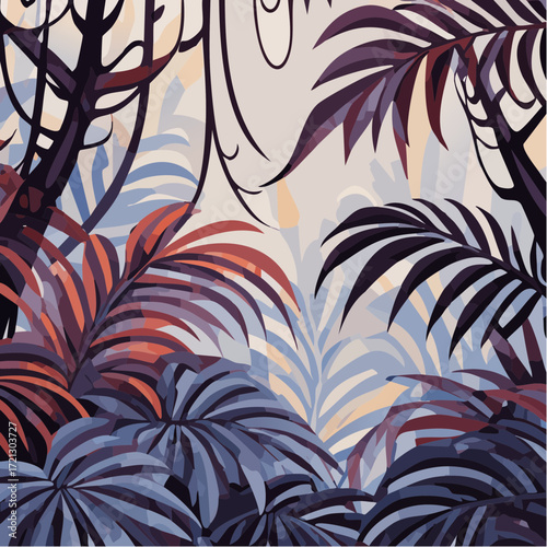 Vibrant tropical jungle illustration with dense exotic foliage. Stylized purple, blue, and orange leaves create a captivating and immersive natural forest environment