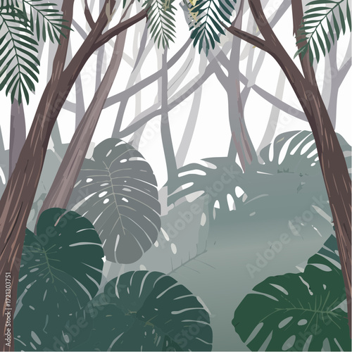 Lush tropical jungle illustration showcasing vibrant green monstera leaves and towering tree trunks amidst a soft, misty background, evoking a serene and exotic natural environment