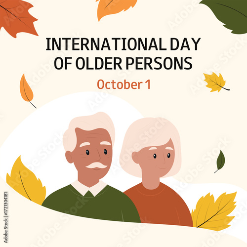 Elderly man and woman with autumn leaves. International Day of Older Persons. October 1. Banner, greeting card, invitation, flyer, advertising. 