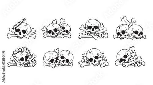 Collection of hand-drawn skulls and crossbones elements for graphic design and tattoo art silhouette