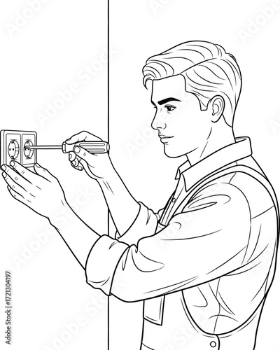 Young man fixing or installing an electrical wall outlet with a screwdriver.