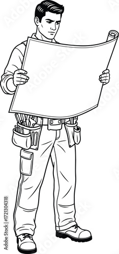 Black and white line art illustration of a construction worker with a tool belt studying a blueprint.