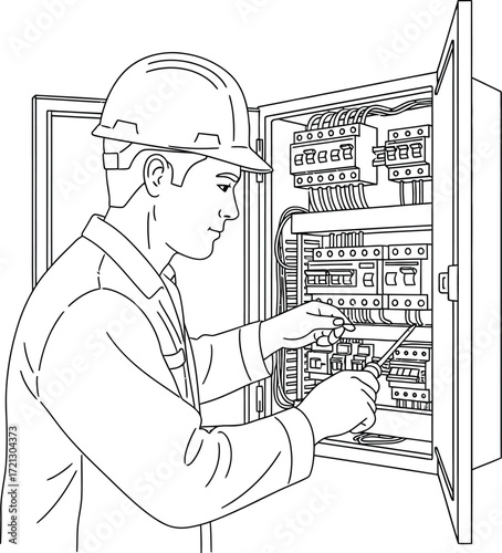 Electrician working on electrical panel, wearing hard hat.
