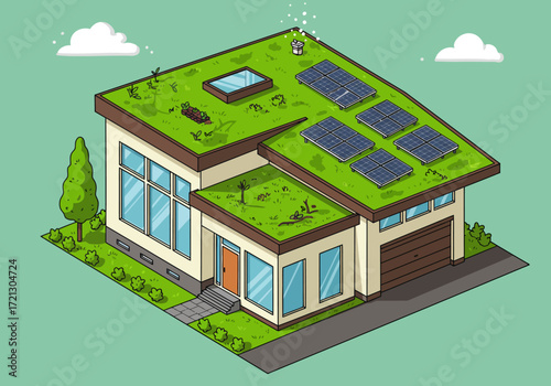 Eco-Friendly House with Green Roof and Solar Panels