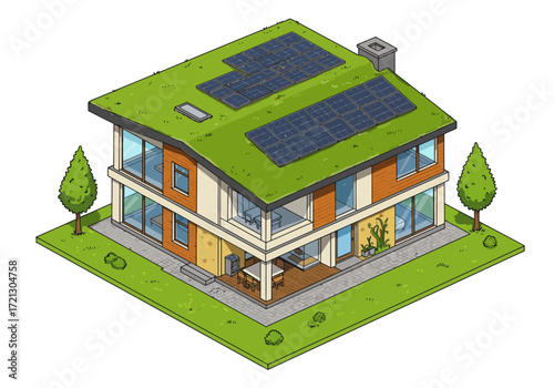 Modern Eco-Friendly House with Solar Panels and Green Roof