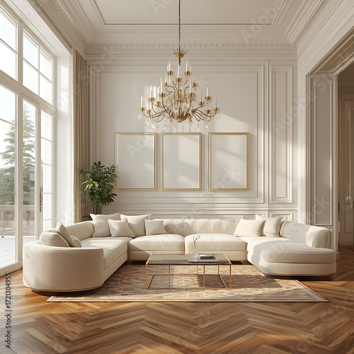 Elegant Interior with a modern feel: A luxurious, sun-drenched interior features a plush, modern sofa beneath an ornate chandelier, with artful empty frames adding a touch of personalization.