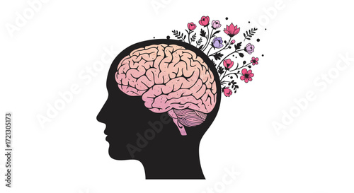 Illustration of a human head with brain and blooming flowers