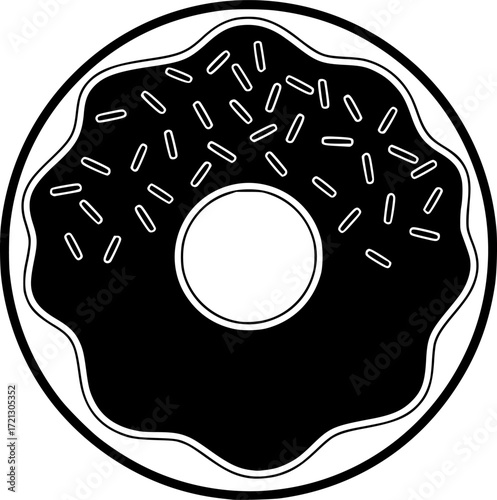 a black and white vector illustration of a donut with sprinkles, simple, isolated on white background

