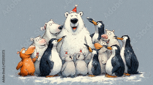 The image depicts a gathering of various animals in a snowy environment. A large white bear stands in the center, wearing a red hat and appearing to smile