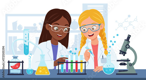 Diverse young female scientists in a school laboratory