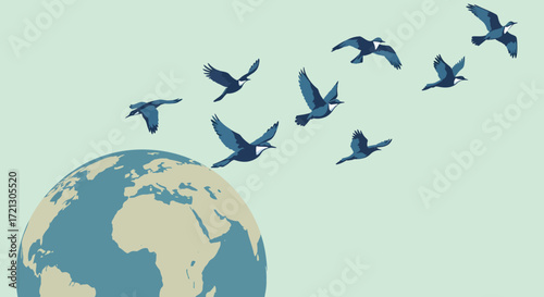 Birds flying over the earth, symbol of freedom and hope